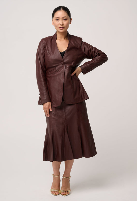 UNDER 5'4 Calypso Genuine Leather Panelled Blazer in Oxblood