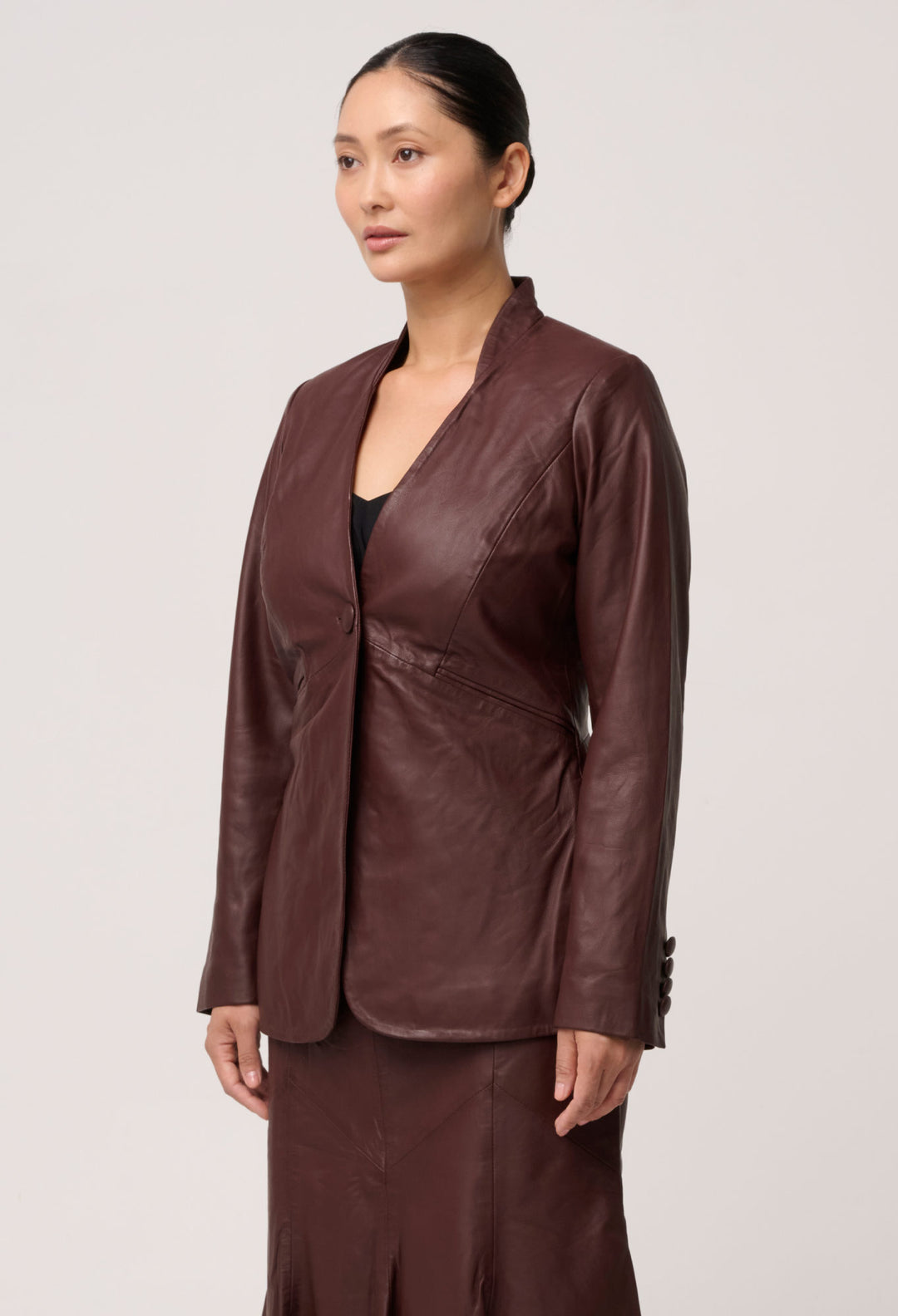 UNDER 5'4 Calypso Genuine Leather Panelled Blazer in Oxblood
