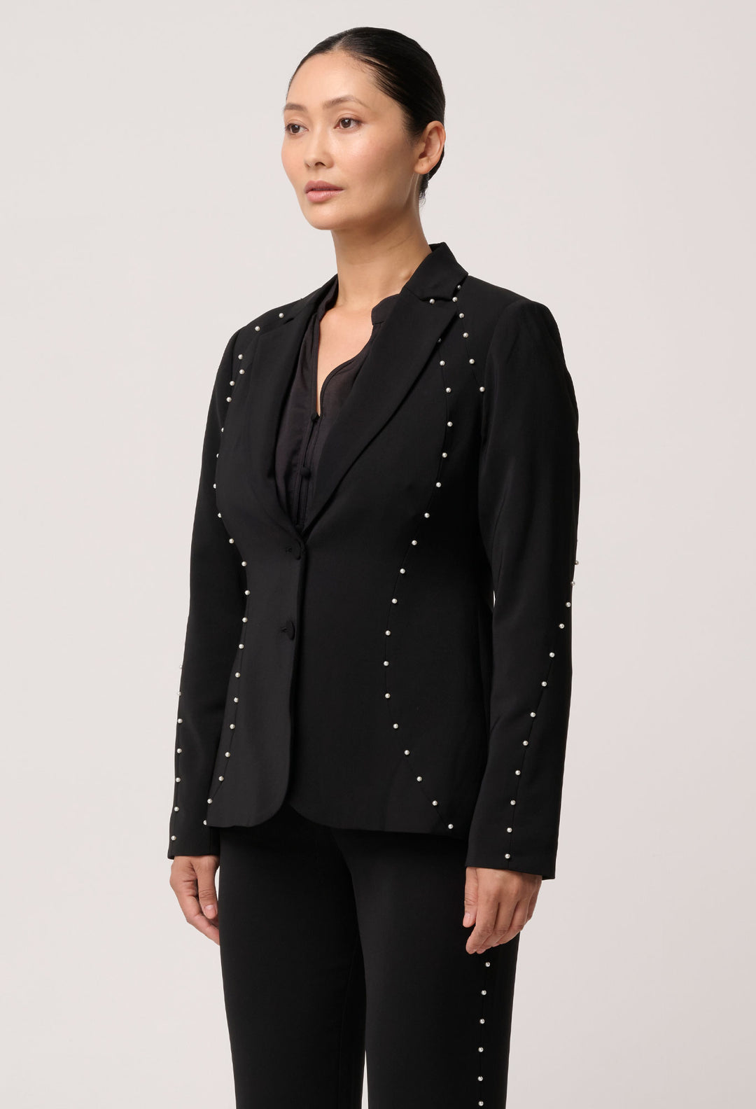 UNDER 5'4 Marcela Pearl Embellished Viscose Stretch Blazer in Black