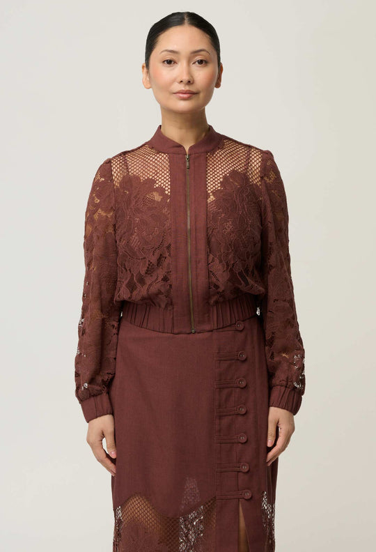 OnceWas UNDER 5'4 Solene Cotton Blend Lace Bomber in Rosewood