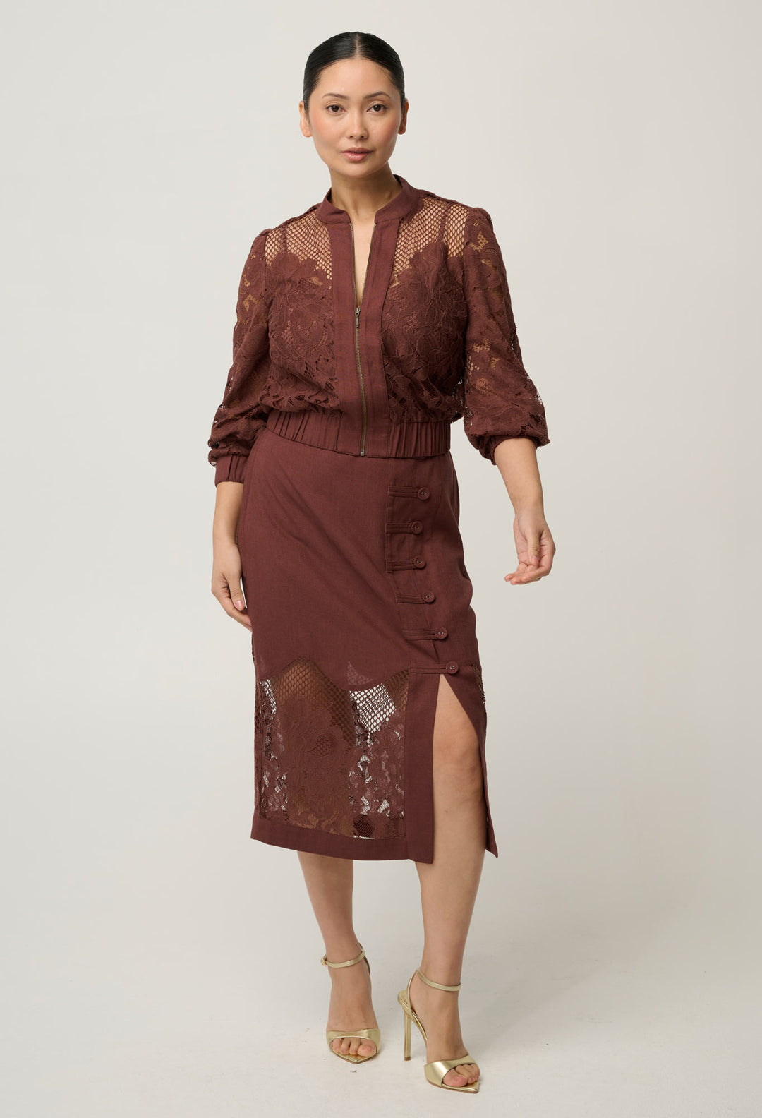 OnceWas UNDER 5'4 Solene Cotton Blend Lace Bomber in Rosewood