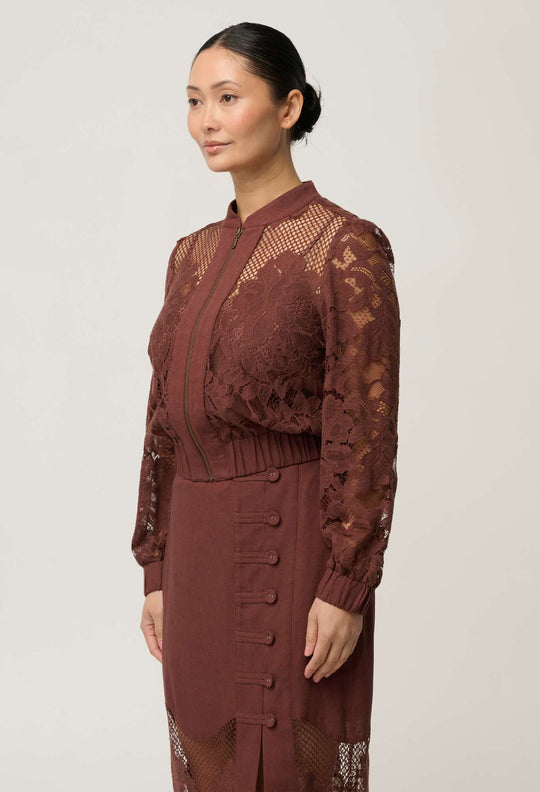 OnceWas UNDER 5'4 Solene Cotton Blend Lace Bomber in Rosewood