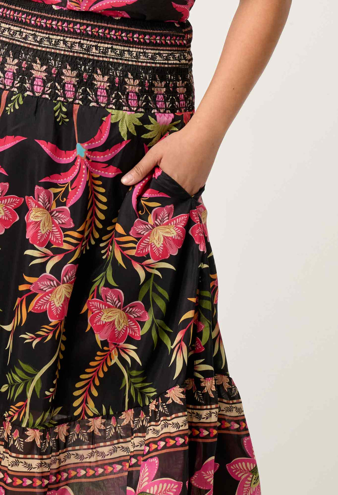 OnceWas PETITE Cordelia  Shirred Silk Cotton Skirt in Anthos Lótos