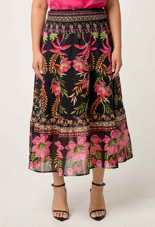 OnceWas PETITE Cordelia  Shirred Silk Cotton Skirt in Anthos Lótos