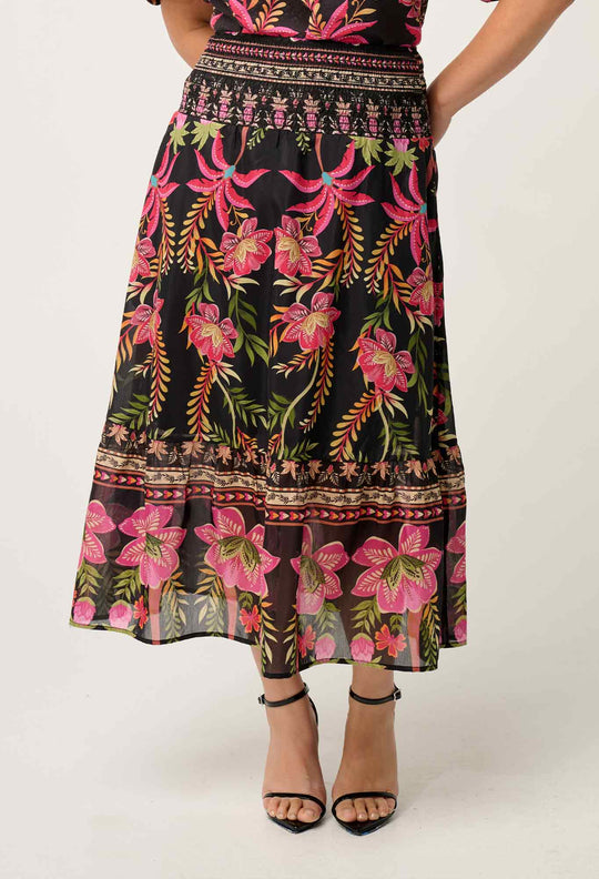 OnceWas PETITE Cordelia  Shirred Silk Cotton Skirt in Anthos Lótos