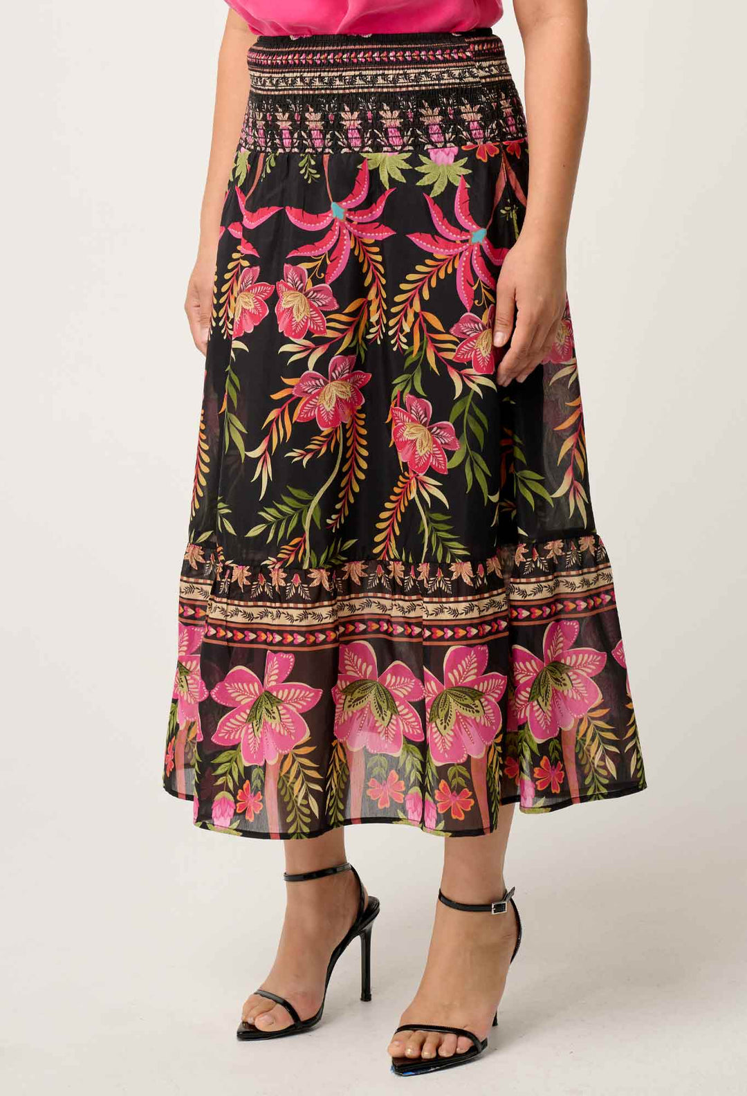 OnceWas PETITE Cordelia  Shirred Silk Cotton Skirt in Anthos Lótos