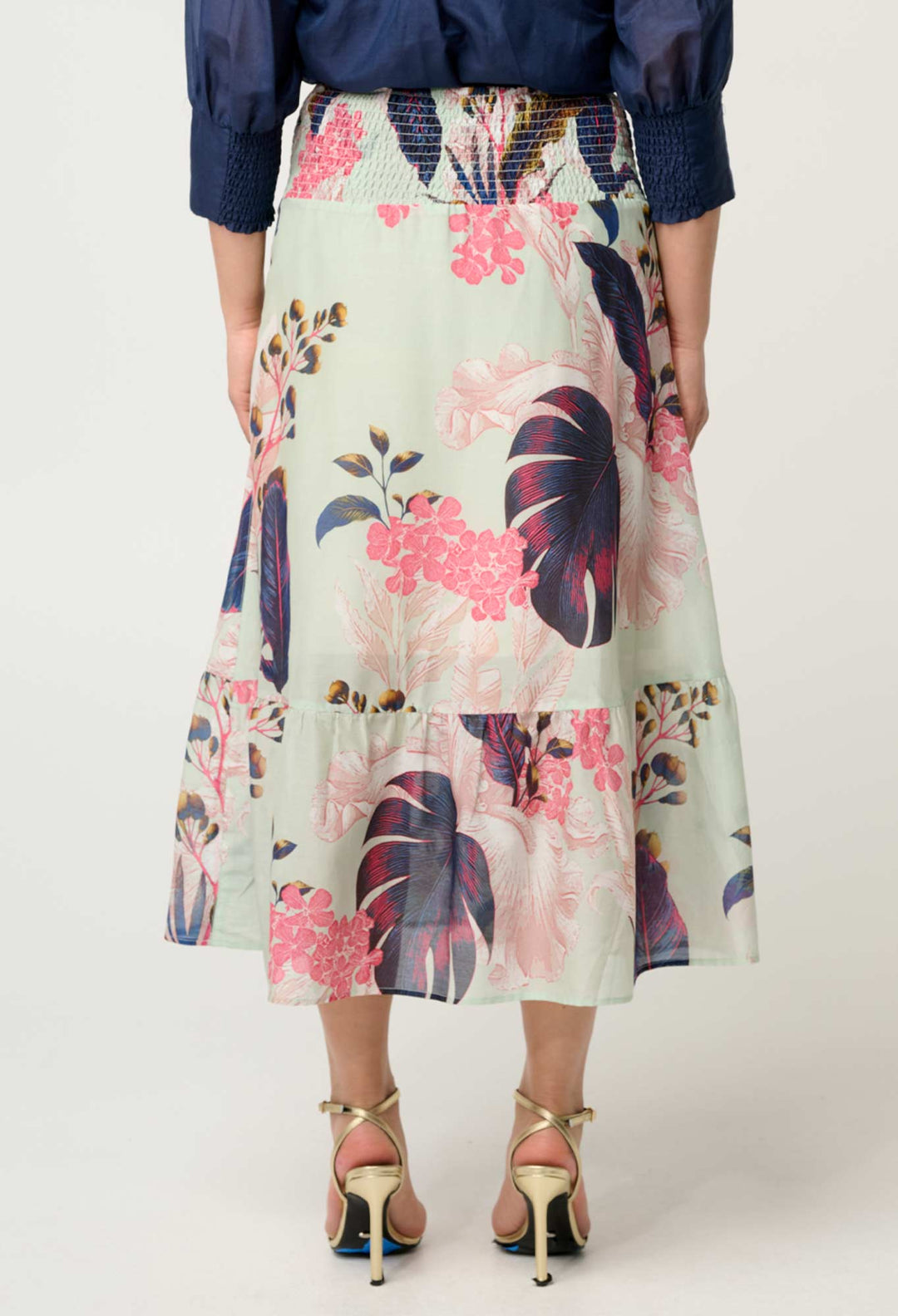 OnceWas PETITE Cordelia  Shirred Silk Cotton Skirt in Oasis Flora