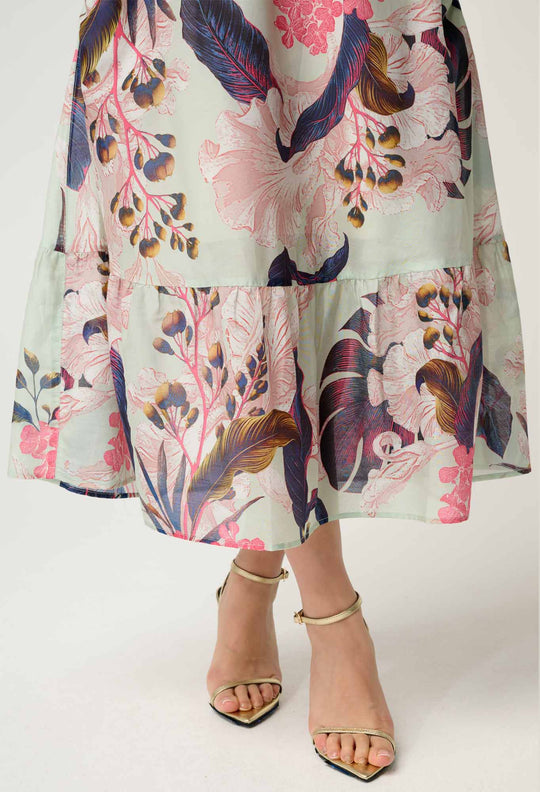 OnceWas PETITE Cordelia  Shirred Silk Cotton Skirt in Oasis Flora