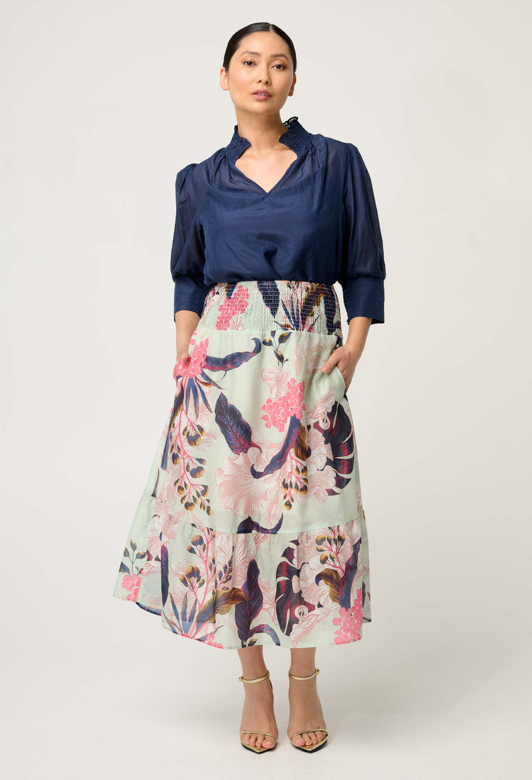 OnceWas PETITE Cordelia  Shirred Silk Cotton Skirt in Oasis Flora