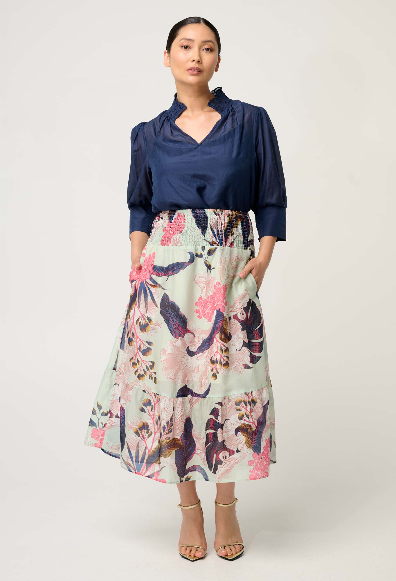OnceWas PETITE Cordelia  Shirred Silk Cotton Skirt in Oasis Flora