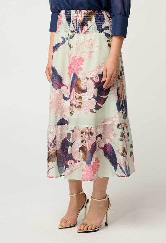 OnceWas PETITE Cordelia  Shirred Silk Cotton Skirt in Oasis Flora