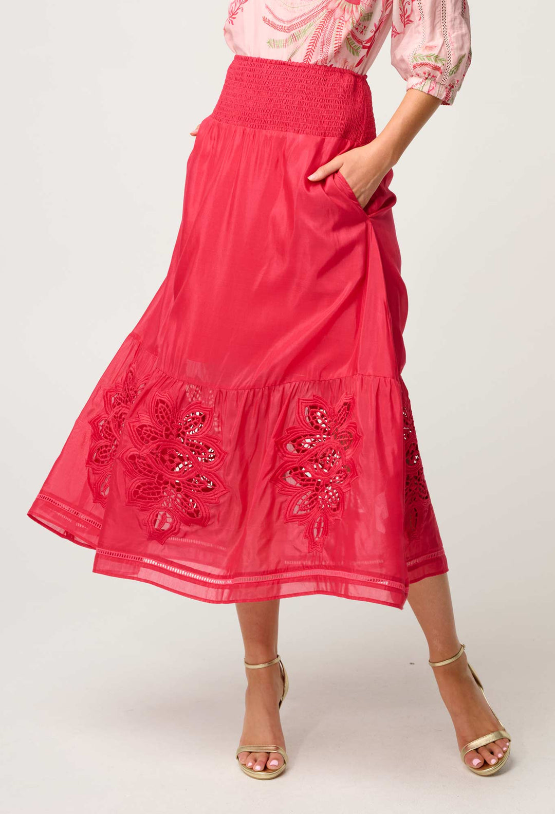 OnceWas Petite Cordelia Shirred Waist Silk Cotton Skirt in Ruby