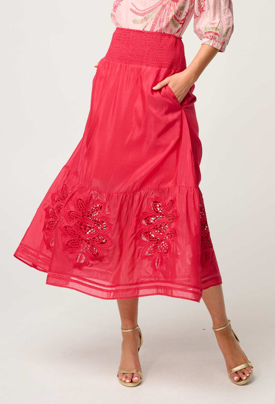 OnceWas Petite Cordelia Shirred Waist Silk Cotton Skirt in Ruby
