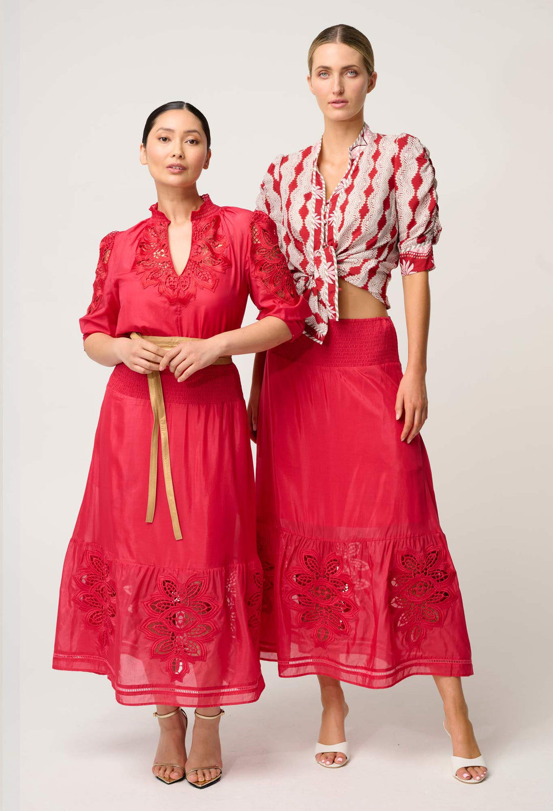 OnceWas Petite Cordelia Shirred Waist Silk Cotton Skirt in Ruby