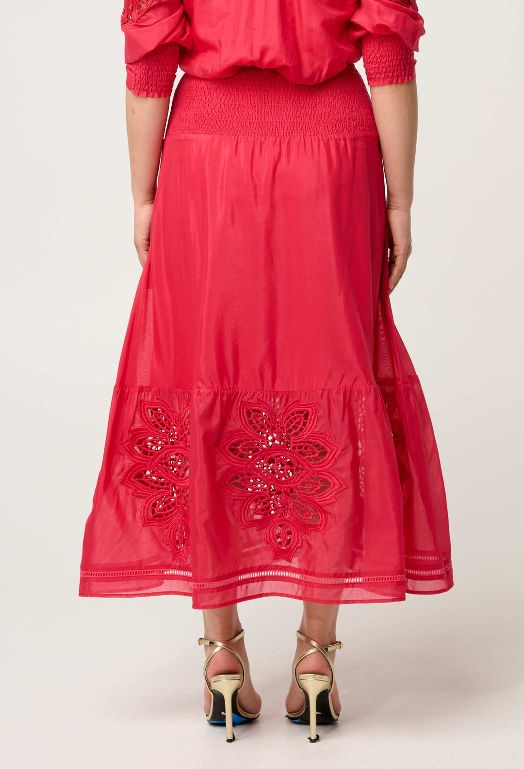 OnceWas Petite Cordelia Shirred Waist Silk Cotton Skirt in Ruby