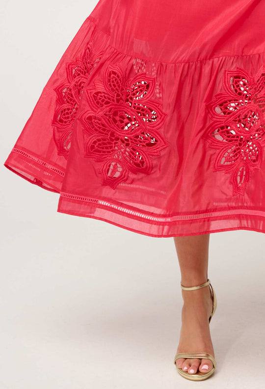 OnceWas Petite Cordelia Shirred Waist Silk Cotton Skirt in Ruby