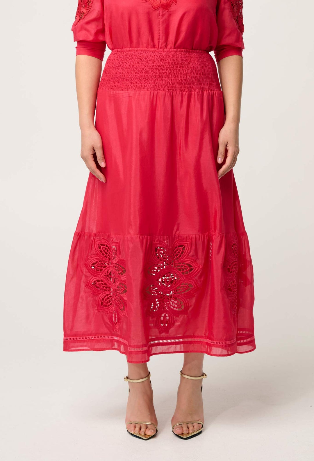 OnceWas Petite Cordelia Shirred Waist Silk Cotton Skirt in Ruby