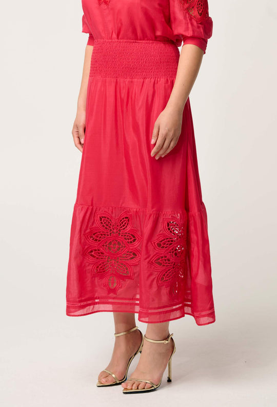 OnceWas Petite Cordelia Shirred Waist Silk Cotton Skirt in Ruby