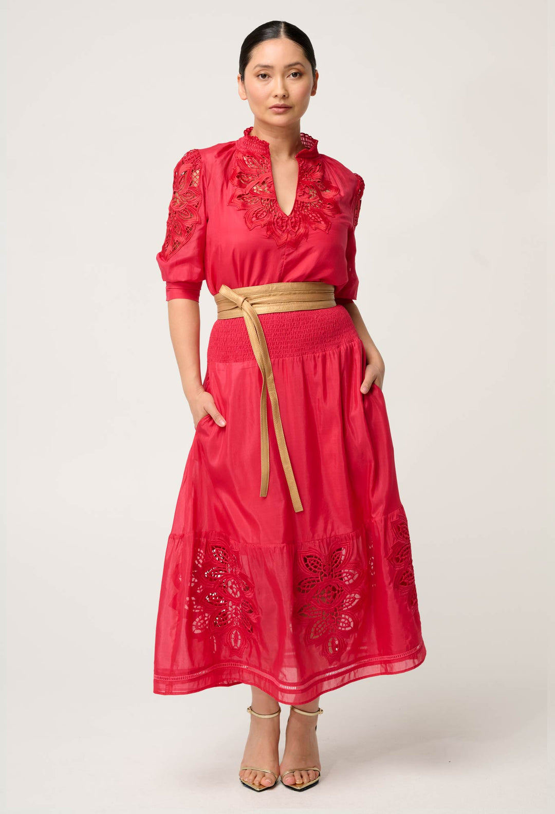 Petite Cordelia Shirred Waist Silk Cotton Skirt in Ruby
