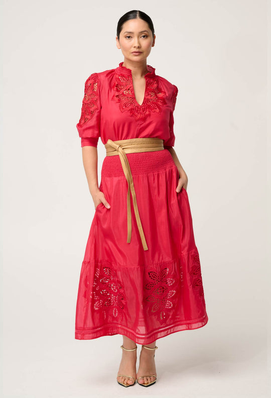 Petite Cordelia Shirred Waist Silk Cotton Skirt in Ruby