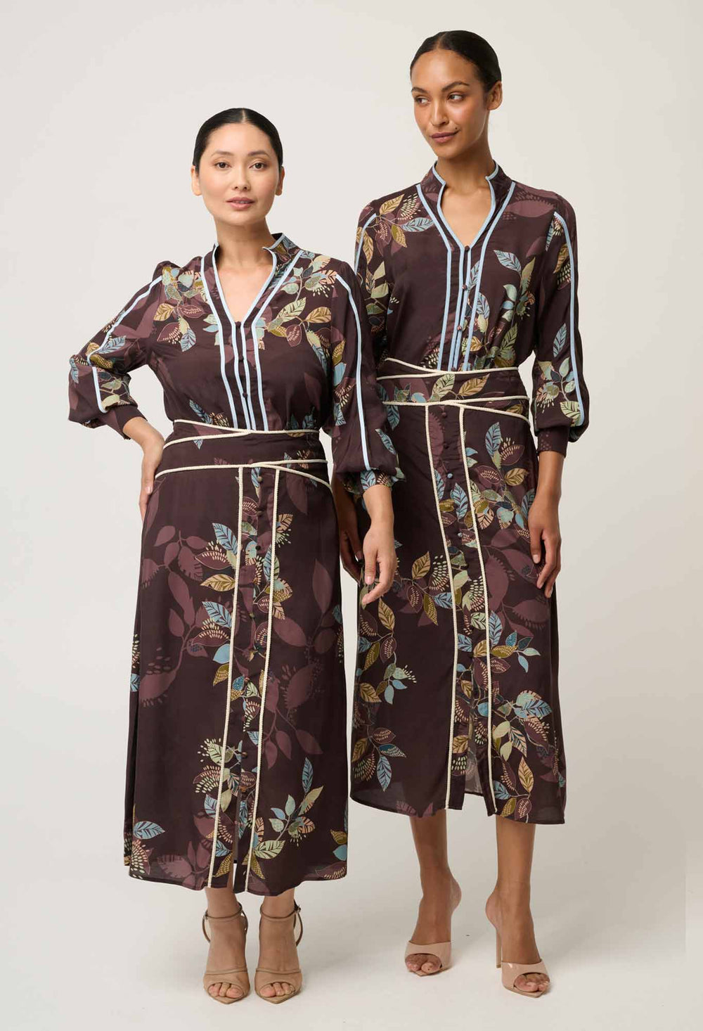 ONCEWAS PETITE Harper Viscose Faille Criss Cross Waist Panel Skirt in Ember Vines