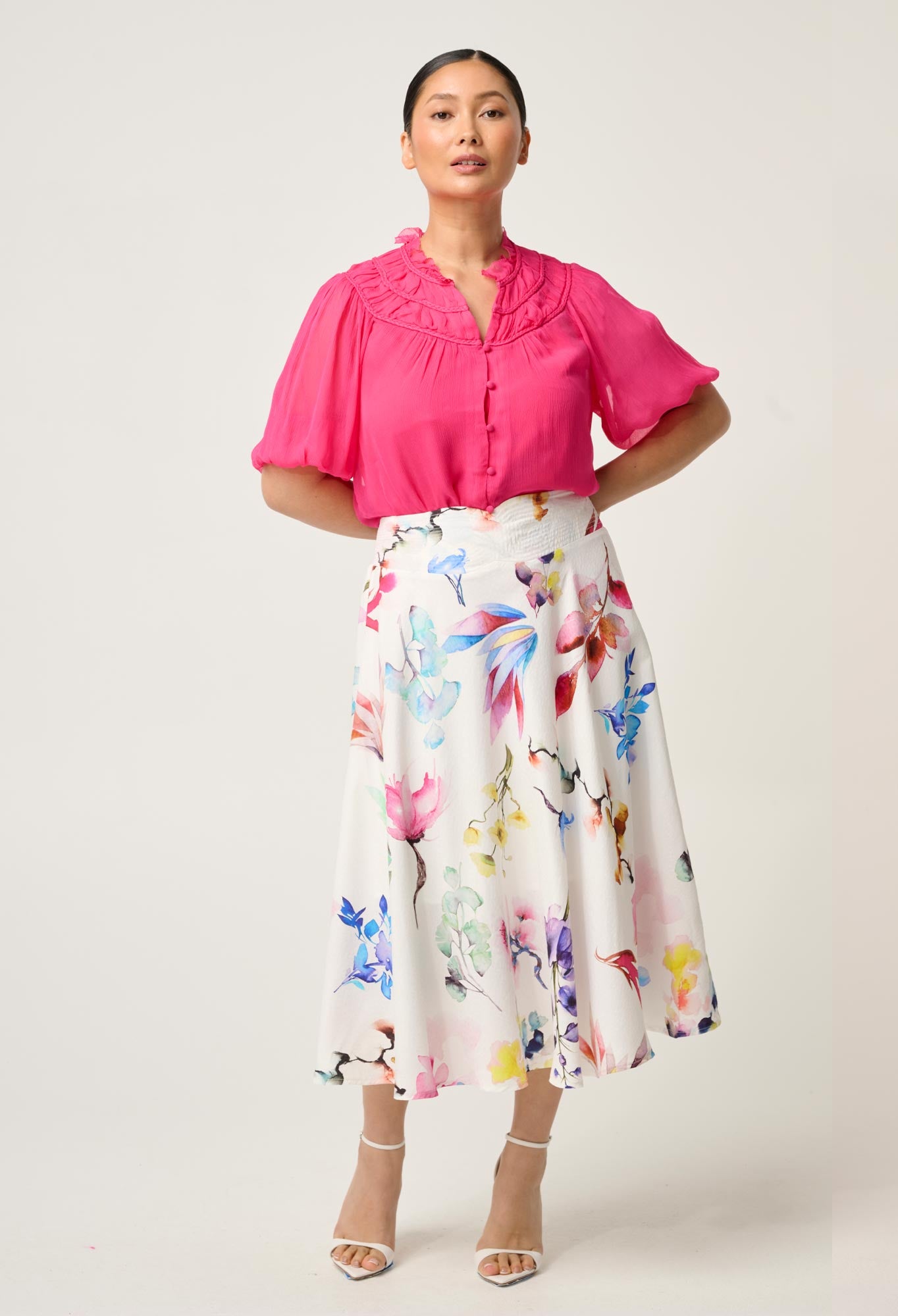OnceWas PETITE Pandorea Viscose Yoke Skirt in Plume Blossom