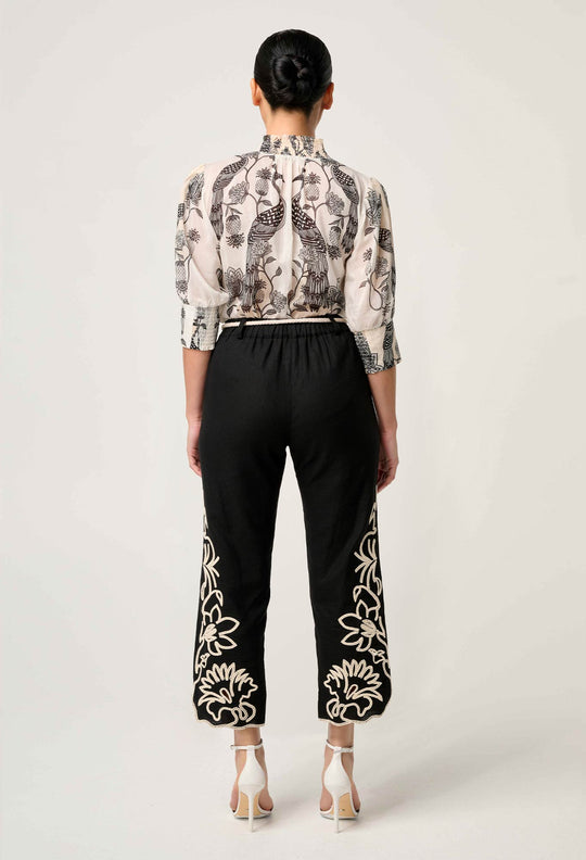 OnceWas PETITE Helm Embroidered Linen Viscose Pant in Black