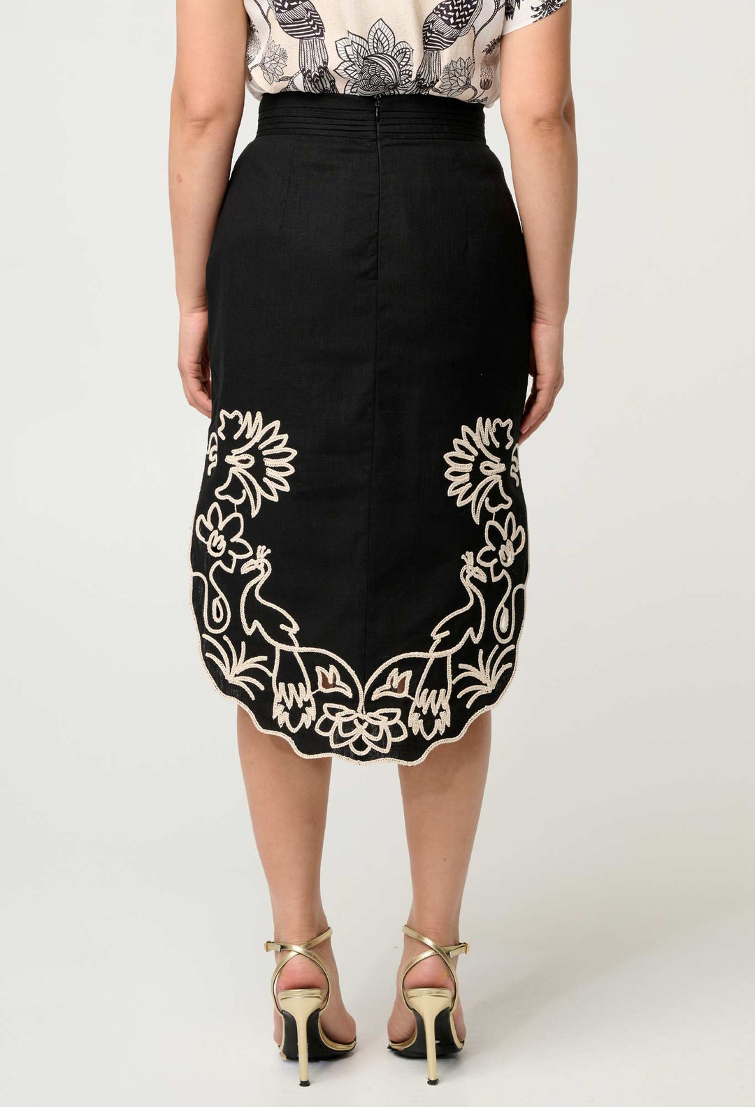 OnceWas PETITE Cascadia Embroidered Linen Viscose Midi Skirt in Black