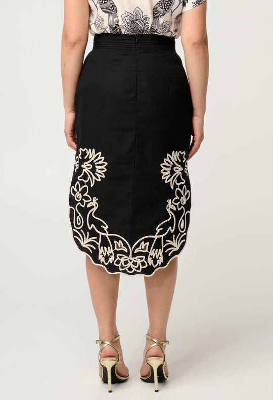 OnceWas PETITE Cascadia Embroidered Linen Viscose Midi Skirt in Black