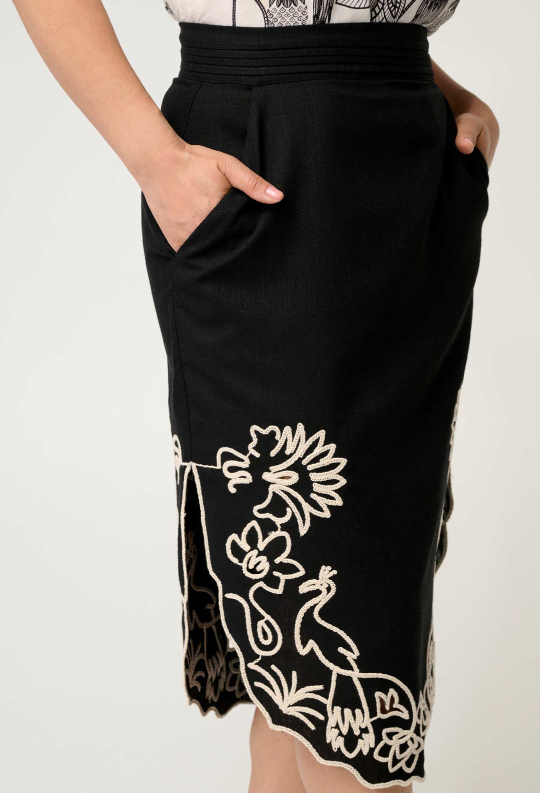 OnceWas PETITE Cascadia Embroidered Linen Viscose Midi Skirt in Black