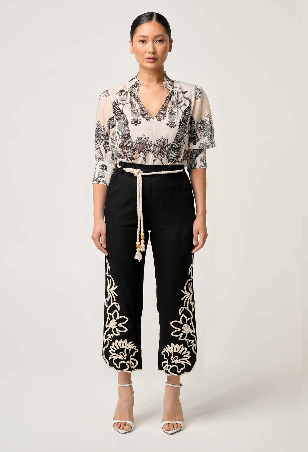OnceWas PETITE Helm Embroidered Linen Viscose Pant in Black