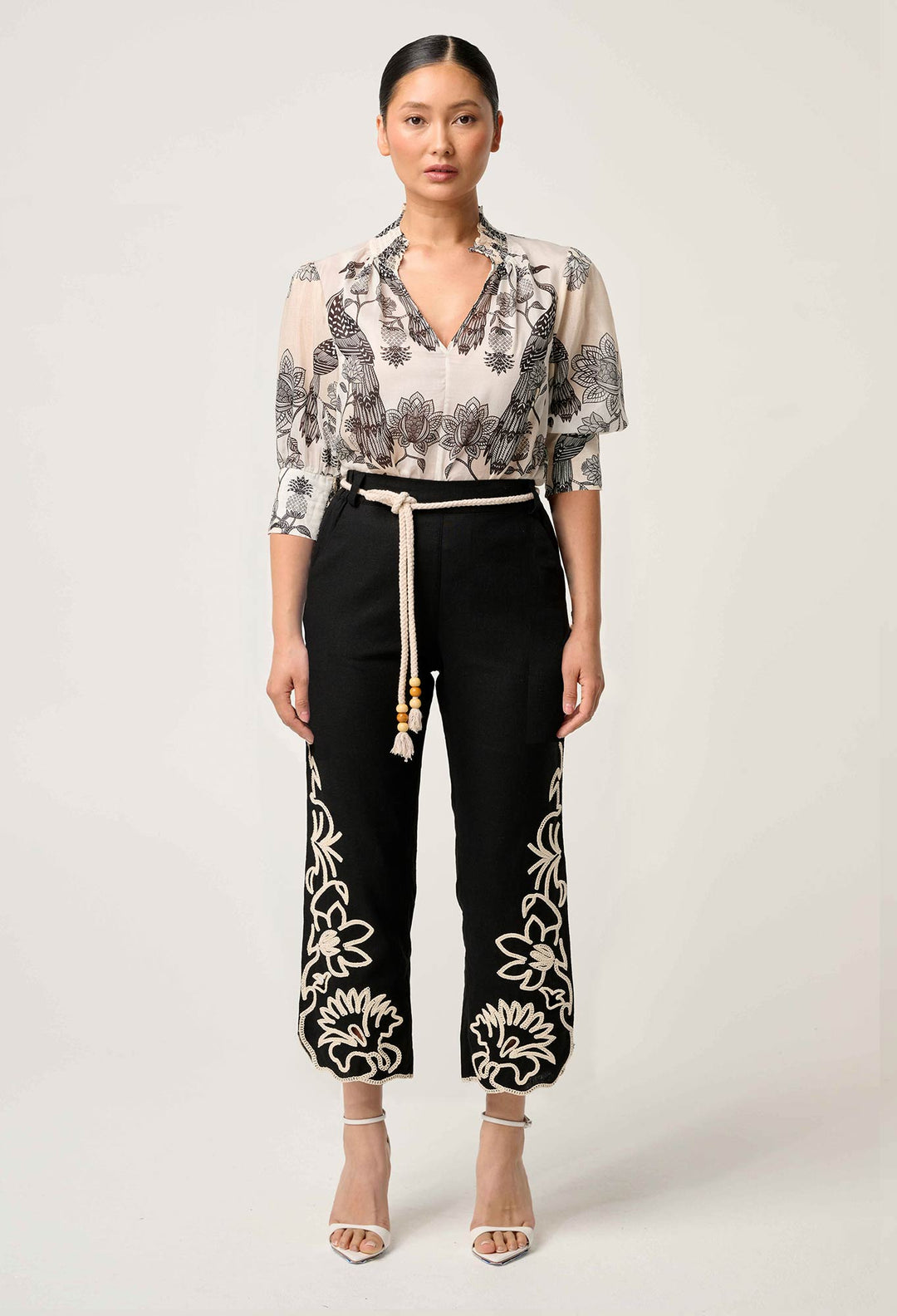 OnceWas PETITE Helm Embroidered Linen Viscose Pant in Black