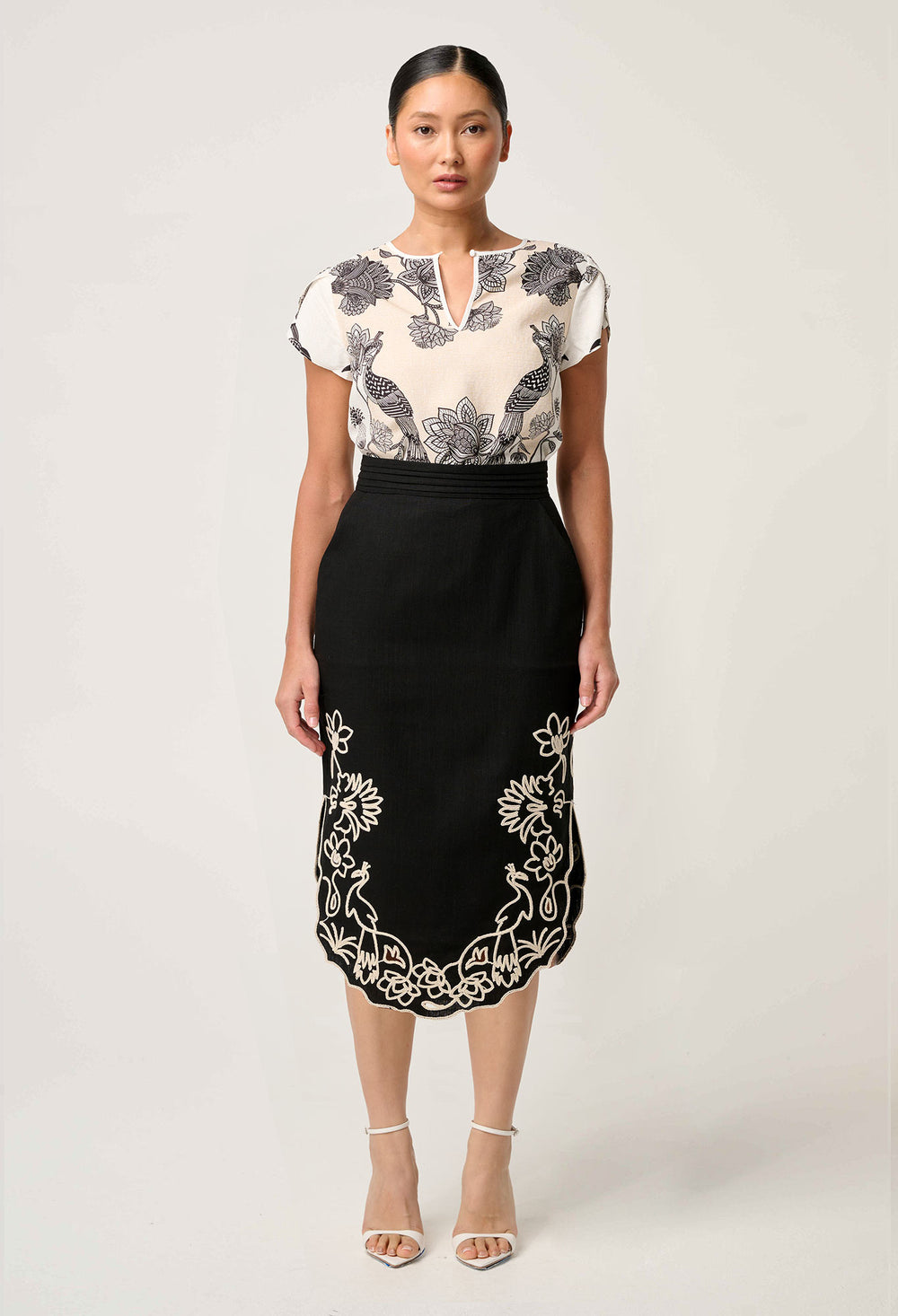 OnceWas PETITE Cascadia Embroidered Linen Viscose Midi Skirt in Black