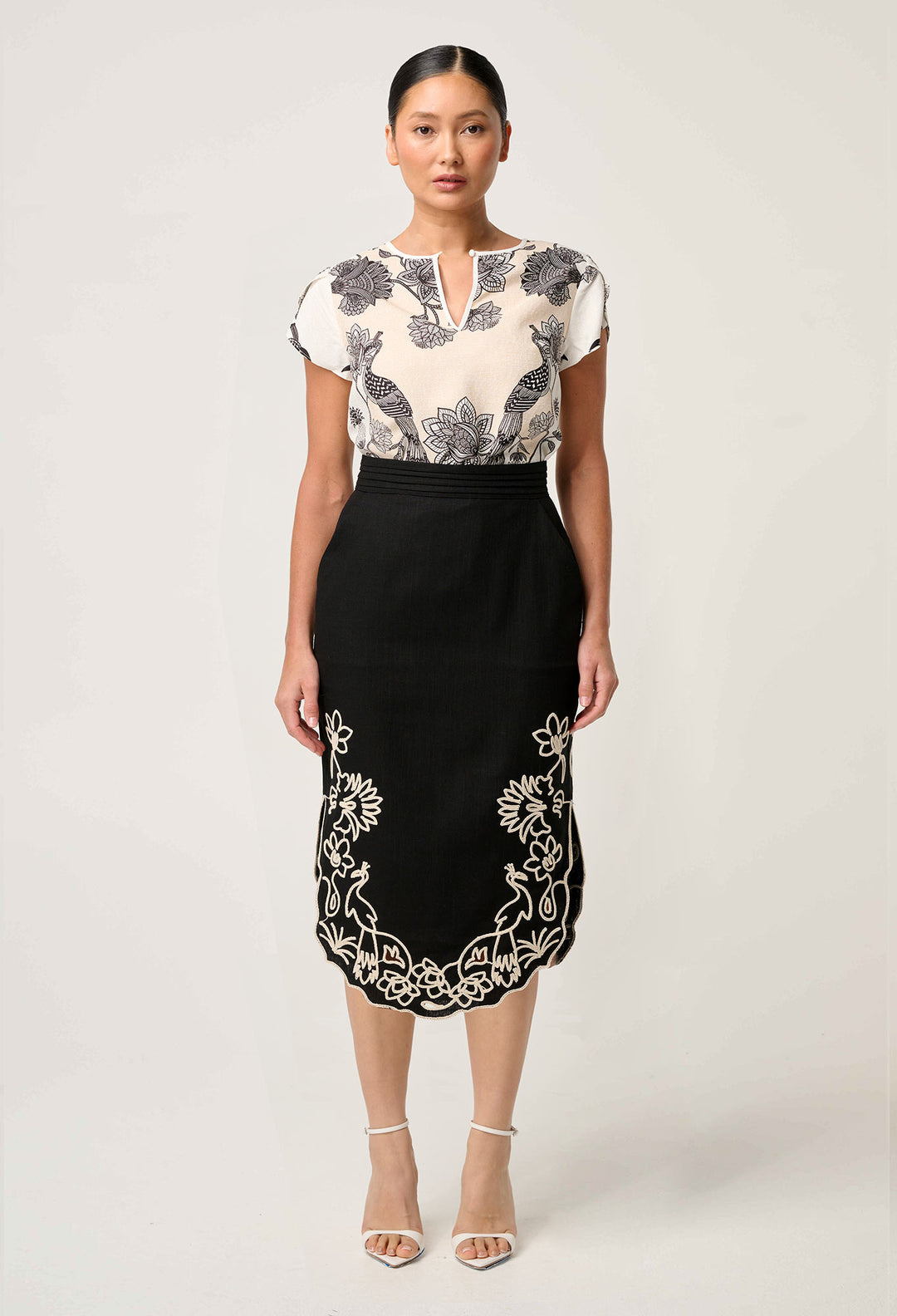 OnceWas PETITE Cascadia Embroidered Linen Viscose Midi Skirt in Black