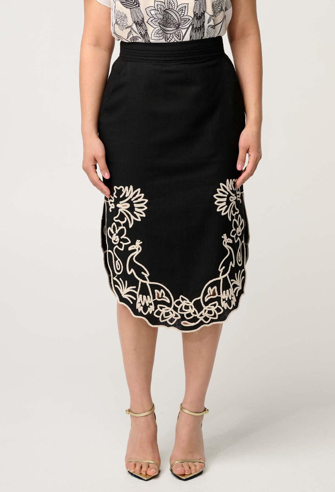OnceWas PETITE Cascadia Embroidered Linen Viscose Midi Skirt in Black