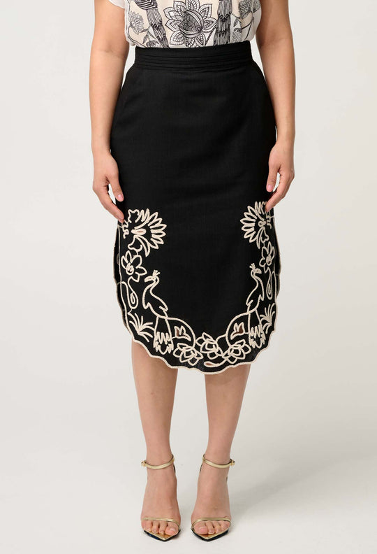 OnceWas PETITE Cascadia Embroidered Linen Viscose Midi Skirt in Black