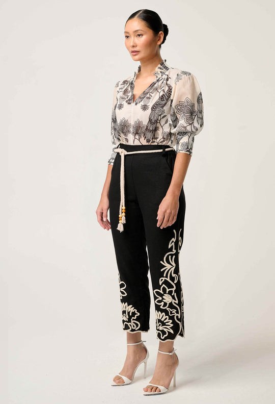 OnceWas PETITE Helm Embroidered Linen Viscose Pant in Black