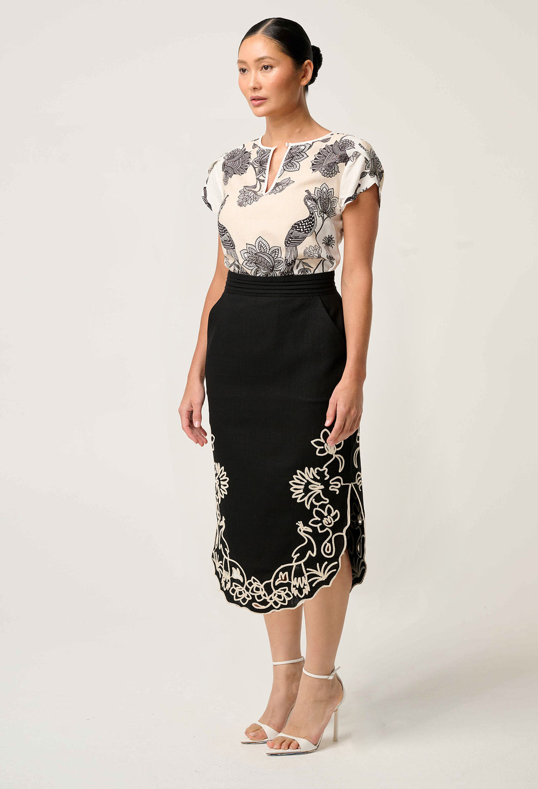 OnceWas PETITE Cascadia Embroidered Linen Viscose Midi Skirt in Black