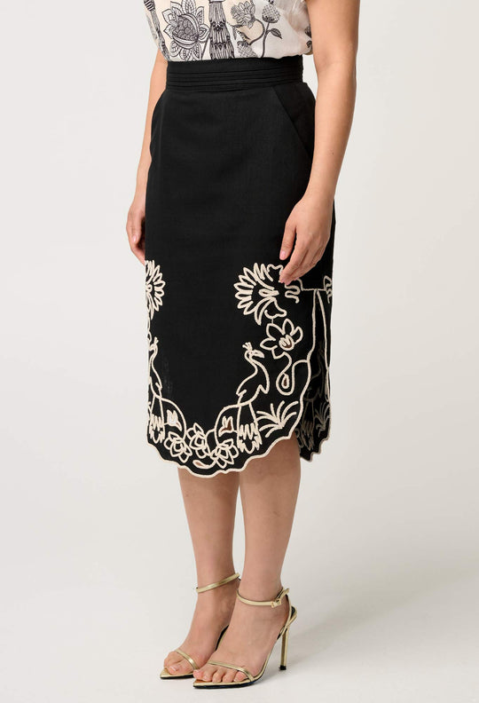 OnceWas PETITE Cascadia Embroidered Linen Viscose Midi Skirt in Black