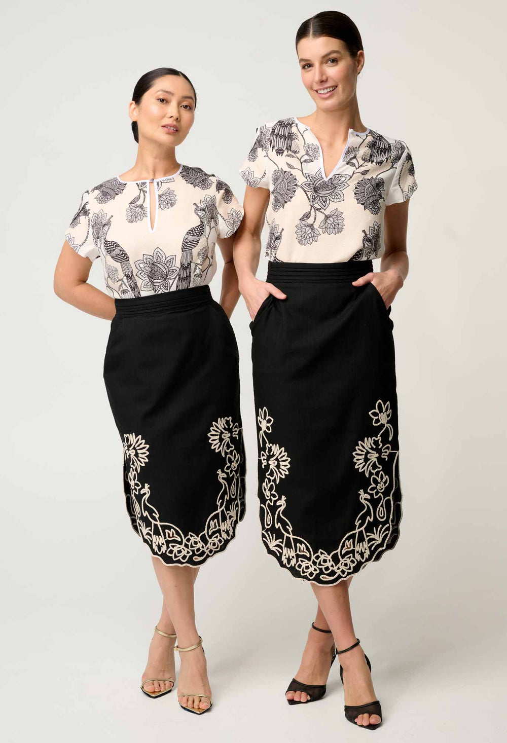 OnceWas PETITE Cascadia Embroidered Linen Viscose Midi Skirt in Black