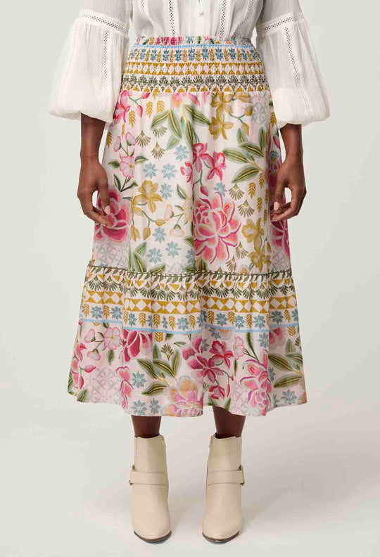 OnceWas PETITE Cordelia Cotton Slub Skirt in Azalea Fields