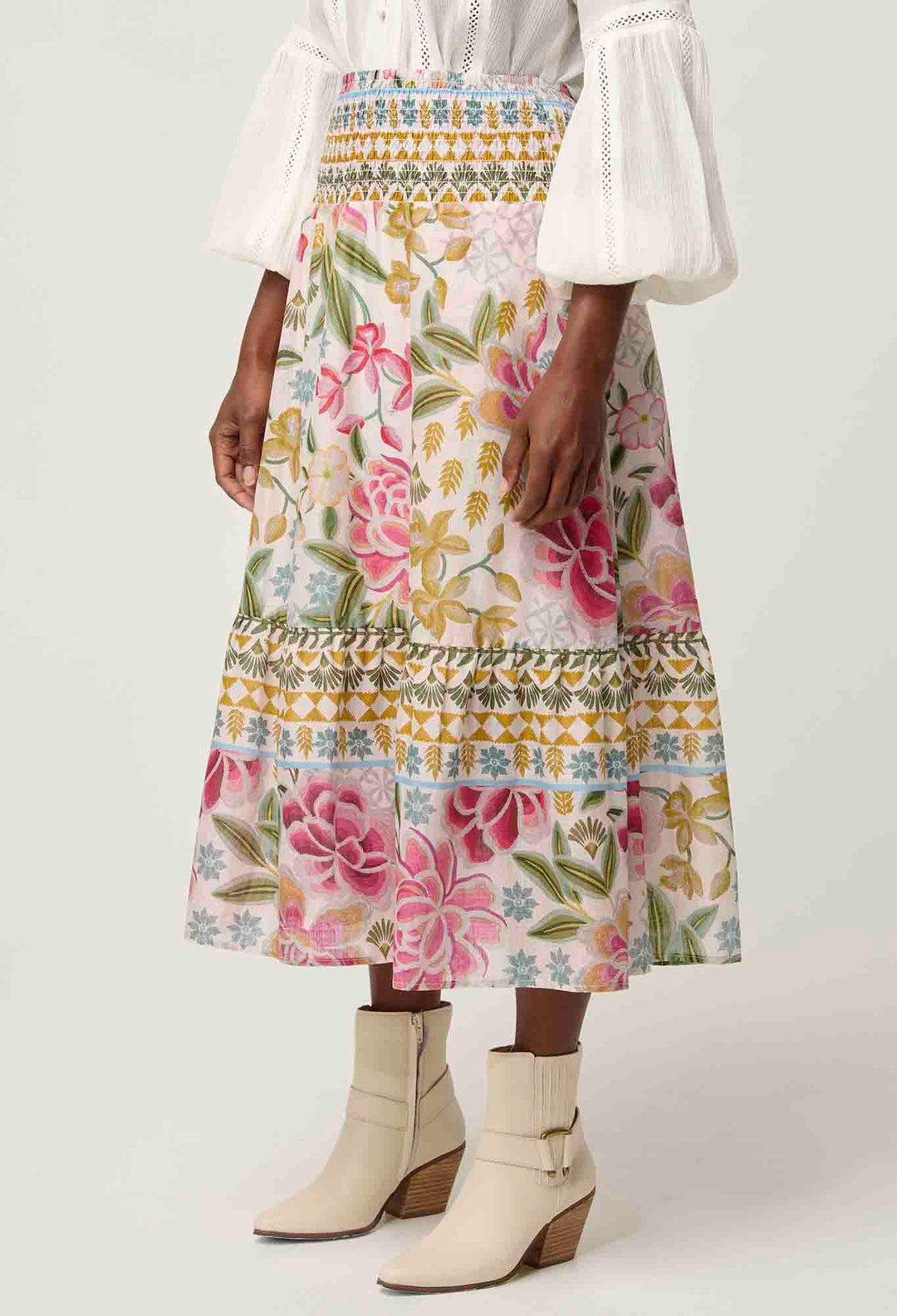 OnceWas PETITE Cordelia Cotton Slub Skirt in Azalea Fields