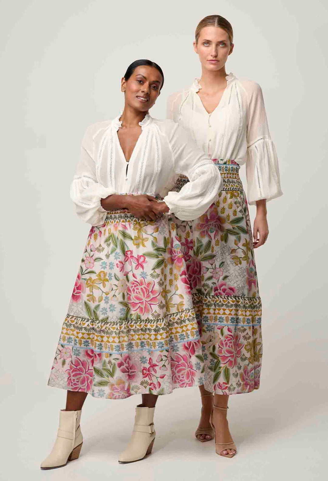 OnceWas PETITE Cordelia Cotton Slub Skirt in Azalea Fields