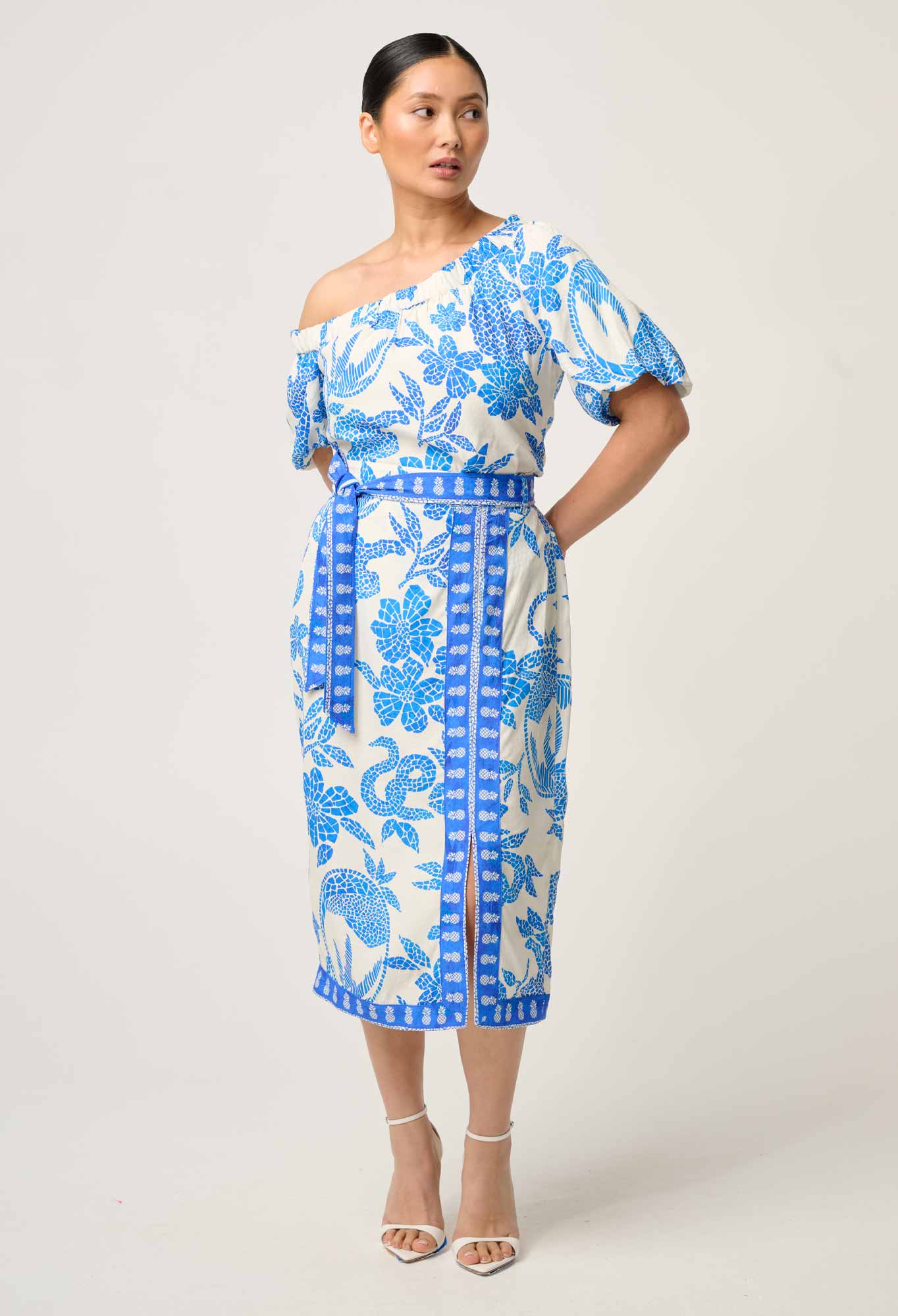 OnceWas PETITE Zenobia Viscose Dobby Midi Skirt in Azure Mosaic