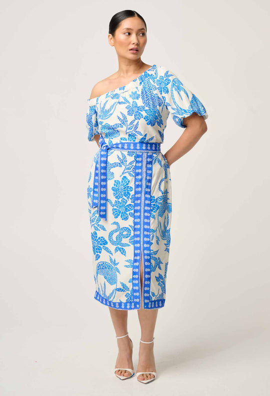 OnceWas PETITE Zenobia Viscose Dobby Midi Skirt in Azure Mosaic