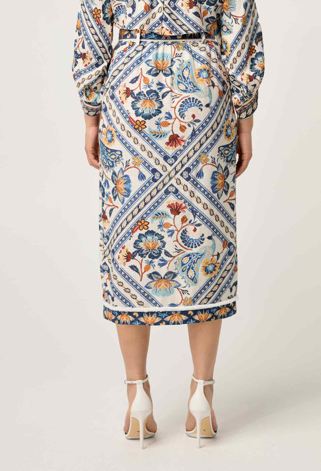 OnceWas PETITE Zenobia Viscose Fringe Midi Skirt in Petinos Floros