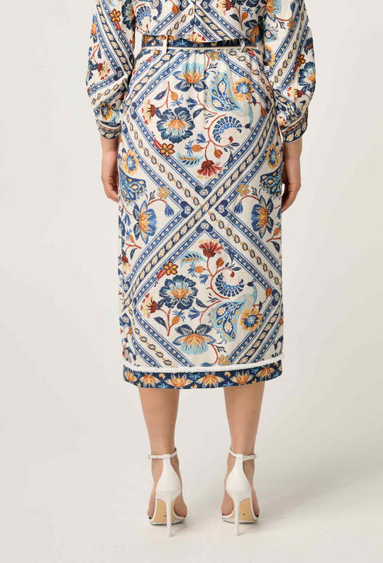 OnceWas PETITE Zenobia Viscose Fringe Midi Skirt in Petinos Floros