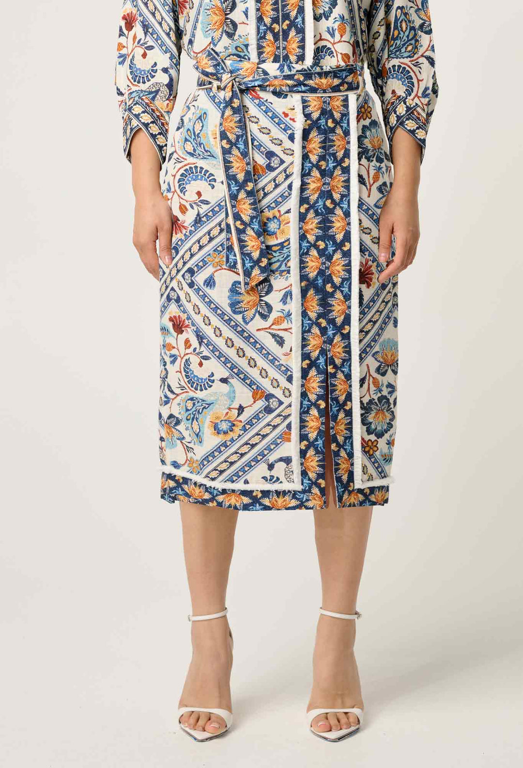 OnceWas PETITE Zenobia Viscose Fringe Midi Skirt in Petinos Floros