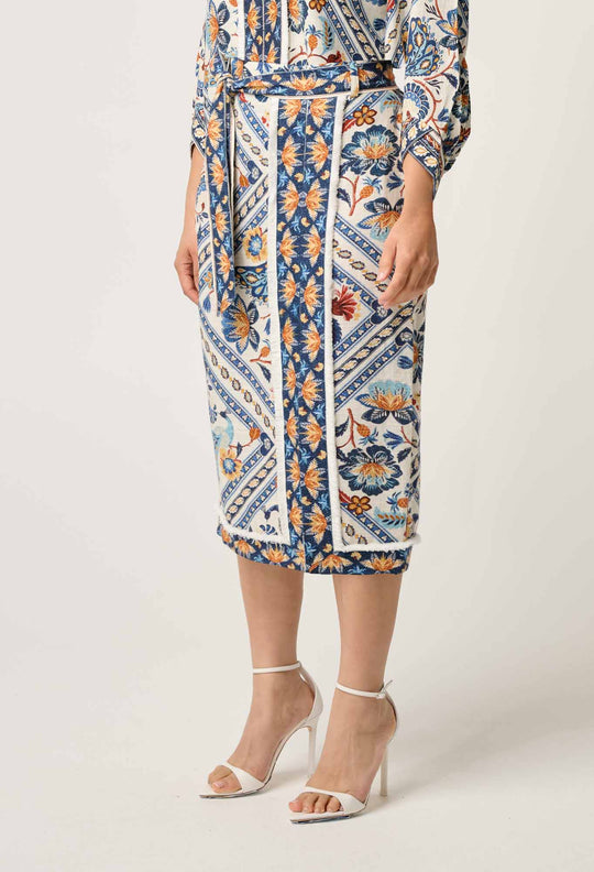 OnceWas PETITE Zenobia Viscose Fringe Midi Skirt in Petinos Floros