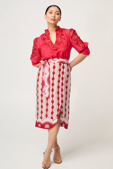 Petite Nora Viscose Faille Scoop Hem Midi Skirt in Marrakech Ruby